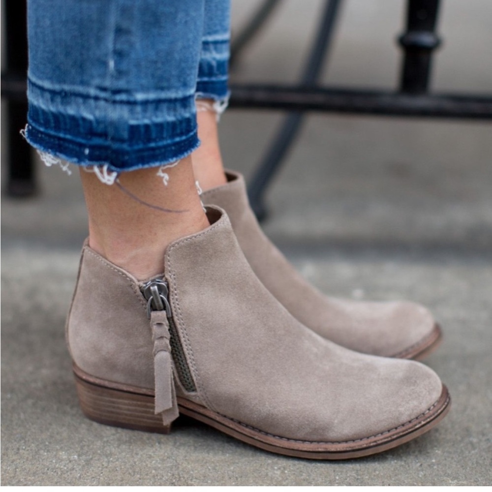 Gray Taupe Suede Ankle Boots • Double Zip Stacked Heel Booties • Western Boho